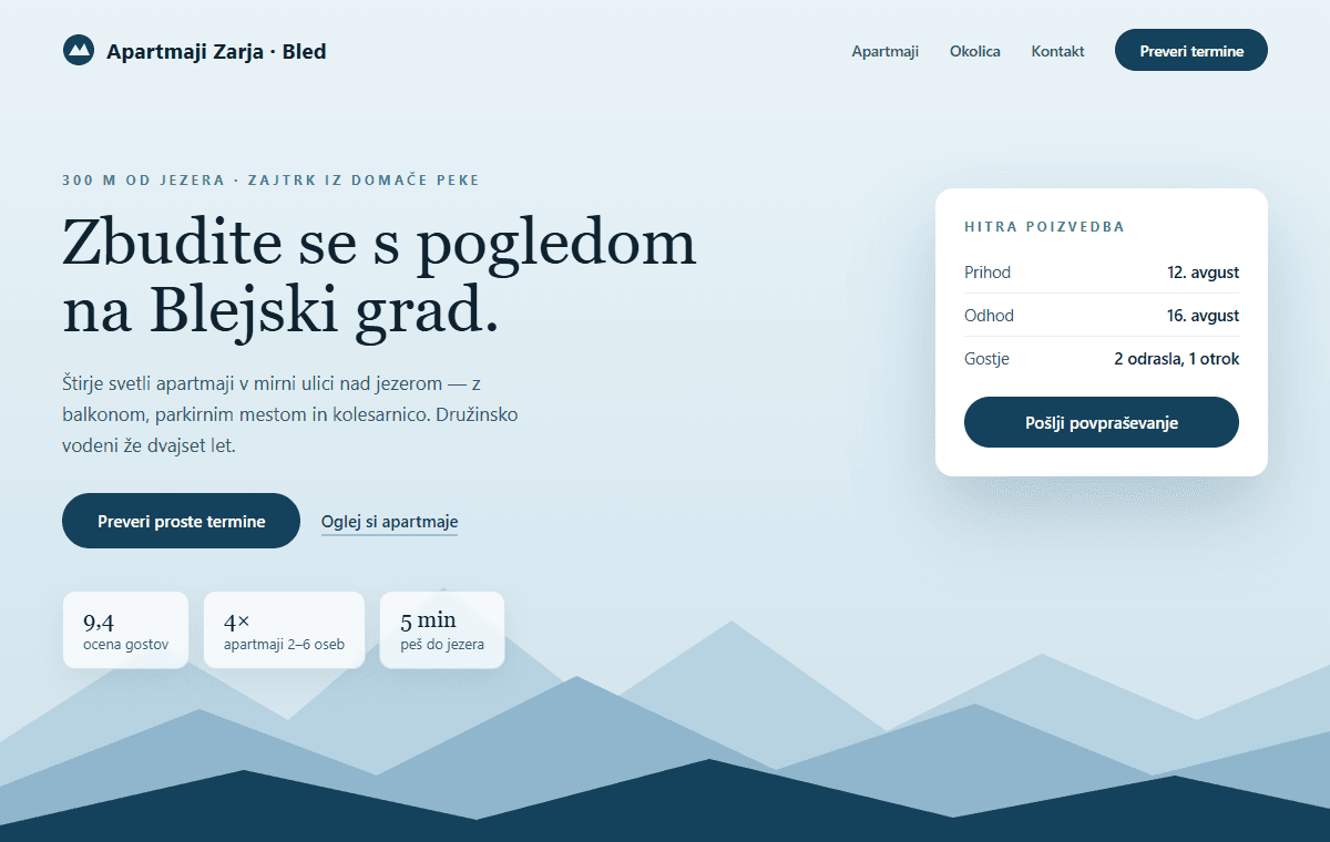 Sample homepage concept for lake apartments: alpine ridge illustration, booking enquiry card, guest-rating badges
