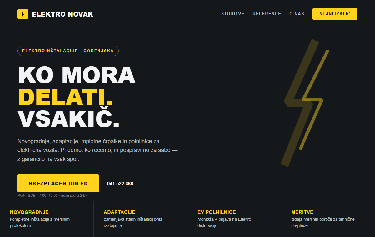 Sample homepage concept for an electrician: bold black and yellow, service grid, emergency call-out button