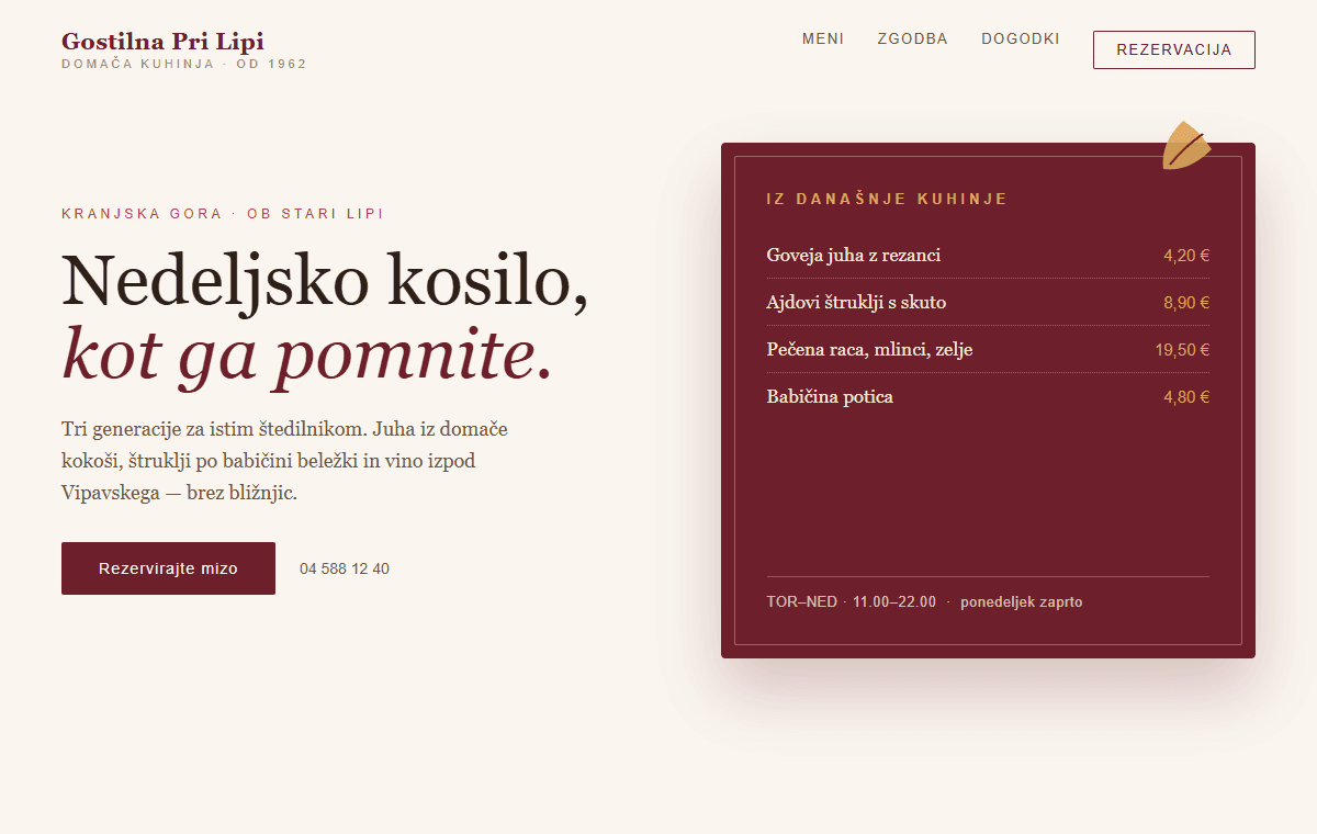 Sample homepage concept for a traditional Slovenian inn: serif headline, burgundy menu card with daily dishes