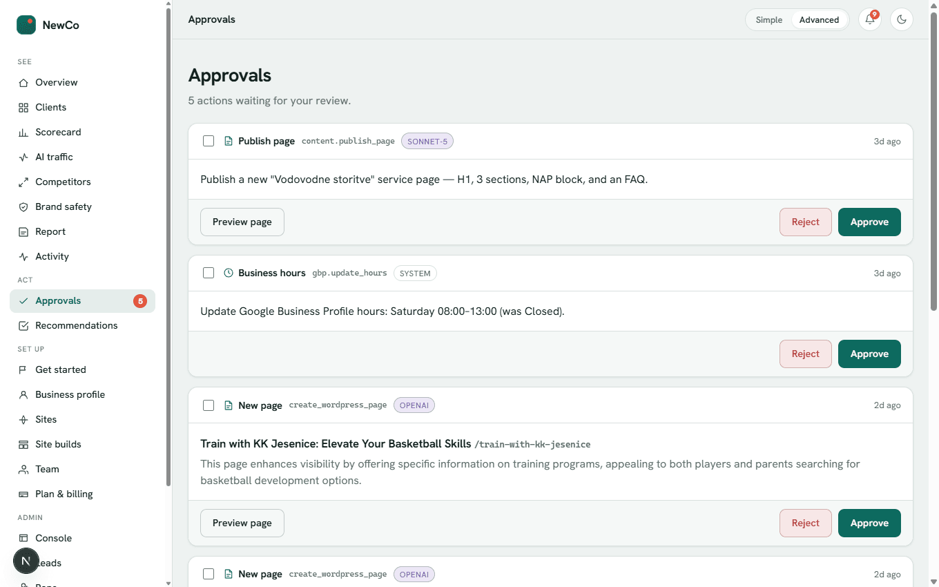 Pulzweb approvals queue: proposed pages and profile changes, each with preview, reject and approve buttons