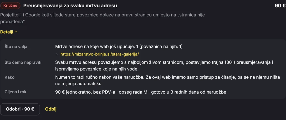 Prijedlog popravka u Pulzwebu: preusmjeravanja za svaku mrtvu adresu. Što nije u redu, što ćemo napraviti, cijena 90 € i rok 3 radna dana, s gumbima Odobri i Odbij.