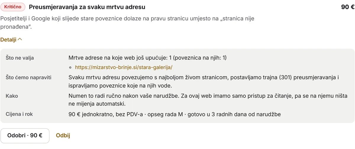 Prijedlog popravka u Pulzwebu: preusmjeravanja za svaku mrtvu adresu. Što nije u redu, što ćemo napraviti, cijena 90 € i rok 3 radna dana, s gumbima Odobri i Odbij.