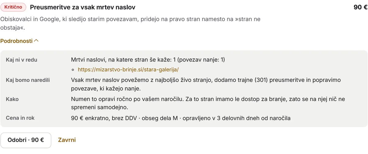 Predlog popravka v Pulzwebu: Preusmeritve za vsak mrtev naslov. Kaj ni v redu, kaj bomo naredili, cena 90 € in rok 3 delovni dnevi, z gumboma Odobri in Zavrni.