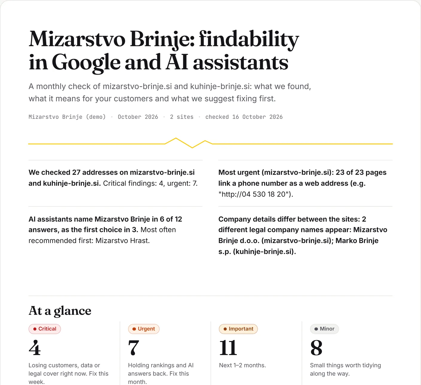 Comienzo del informe mensual de Mizarstvo Brinje: un resumen con 4 hallazgos críticos, 7 urgentes, 11 importantes y 8 menores.